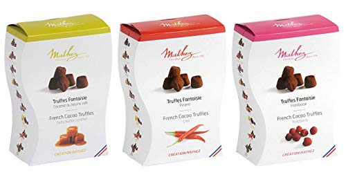 Mathez - 3er Set französische Schokoladentrüffel (Truffes Faintaise) - Trüffelpralinés mit gesalzenem Karamell, Trüffelpralinés mit Chili, Trüffelpralinés mit Himbeere - 3 x 250 g von Chocolat Mathez