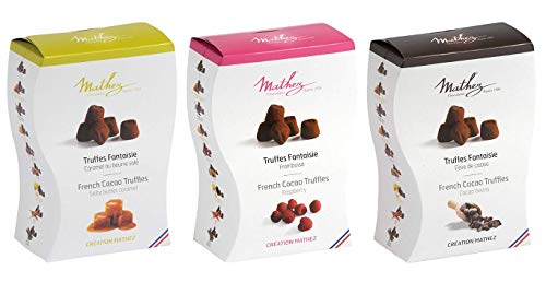 Mathez - 3er Set französische Schokoladentrüffel (Truffes Faintaise) - Trüffelpralinés mit gesalzenem Karamell, Trüffelpralinés mit Himbeere, Trüffelpralinés mit Kakaobohnensplittern - 3 x 250 g von Chocolat Mathez