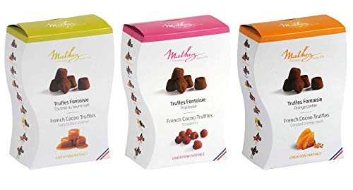 Mathez - 3er Set französische Schokoladentrüffel (Truffes Faintaise) - Trüffelpralinés mit gesalzenem Karamell, Trüffelpralinés mit Himbeere, Trüffelpralinés mit kandierter Orange - 3 x 250 g von Chocolat Mathez