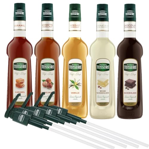 Mathieu Teisseire SET Café 5+5-5x Kaffee Sirup + 5x Pumpen - Karamell, Vanille, Schokolade, Haselnuss, Weisse Schokolade (5x 0,7l) von Mathieu Teisseire