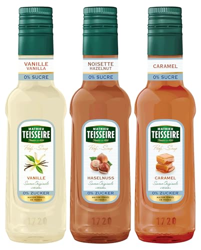 Mathieu Teisseire Sirup Light Set (3 x 250ml Flaschen: Vanille 0%, Caramel 0% & Haselnuss 0%) von Mathieu Teisseire