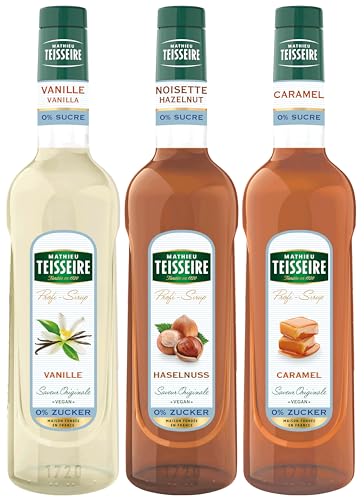 Mathieu Teisseire Sirup Light Set (3 x 700ml Flaschen: Vanille 0%, Caramel 0% & Haselnuss 0%) von Mathieu Teisseire