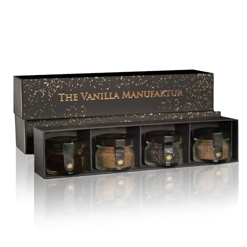 The Vanilla 4-erlei Geschenk-Set bestehend aus: 1x Schwarze Vanille Würze Grob 20g, 1x Vanille Salz fein 20g, 1x Vanille Paste 20g, 1x Zucker mit Vanille 7.4% 20g von Maxabel