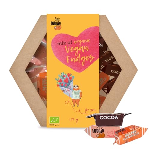 SUPER FUDGiO Bio-Vegan Bonbons im Mix - Geschenkbox | Glutenfrei | Organic Karamellbonbons ohne Palmöl | mit Bio Kokosmilch und Kokosnusszucker | 195g | Toffee, Kakao, Karmel und Salz von SUPER FUDGiO
