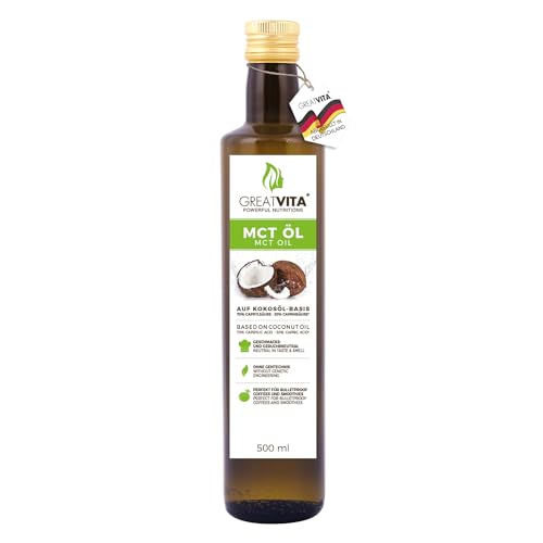 GreatVita MCT Öl auf Kokosölbasis - 500 ml | 70% Caprylsäure (C8) & 30% Caprinsäure (C10) Fettsäuren | 100% reines MCT Oil geschmacksneutral - Zuckerfrei, GVO-frei von GREAT VITA