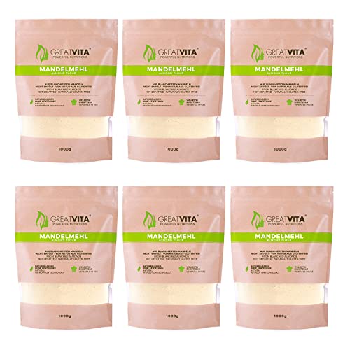 GreatVita Mandelmehl, naturbelassen, blanchiert, (6 x 1000g) gemahlene Mandeln zum Backen, 100 Procent natürlich glutenfrei proteinreich von Mea Vita