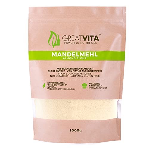GreatVita Mandelmehl, naturbelassen, blanchiert, 1000g gemahlene Mandeln zum Backen, 100% natürlich proteinreich von Mea Vita