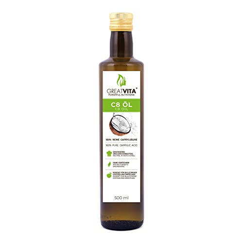 GreatVita C8-Öl, auf Kokosöl Basis 500 ml | Caprylsäure Fettsäuren | MCT Oil geschmacksneutral - Premium Qualität von GREAT VITA