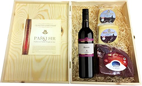 Mediterrane Geschenkbox mit Kraški Pršut Wein Geschenkset mit Pager Käse Geschenkideen in Weinkisten aus Holz als Geschenkskorb (Einweg) von Mediterrane Delikatessen