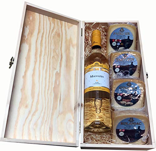 Geschenkbox mit Malvasia - Malvazija Weisswein und Pag Käse - Paski Sir und Tartufin Trüffel Käse in einem Feinschmecker Wein Geschenkset von Kolan, Insel Pag Geschenkideen aus Kroatien (Einweg) von Mediterrane Delikatessen