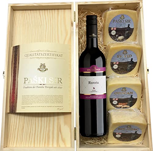 Geschenkbox mit Wein und Pager Käse in einem Feinschmecker Geschenkset in Weinkisten Holz (Einweg) von Mediterrane Delikatessen