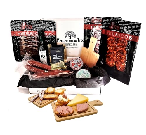 Spanische Gourmet-Tapas-Korbbox - iberische Chorizo und iberischer Schinken + Iberische Trüffelpasteten und süßer Wein + 3 Stück Fuets + natives Olivenöl + Gourmet-Brot +Tapas aus Holz als Geschenk von Mediterranean Tree