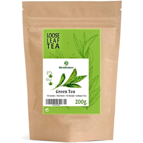Natürlicher grüner Tee 200g für Aufgüsse + Edelstahl-Eikugel als Geschenk – intensives Aroma und Farbe – veganes Antioxidan von BlendNature