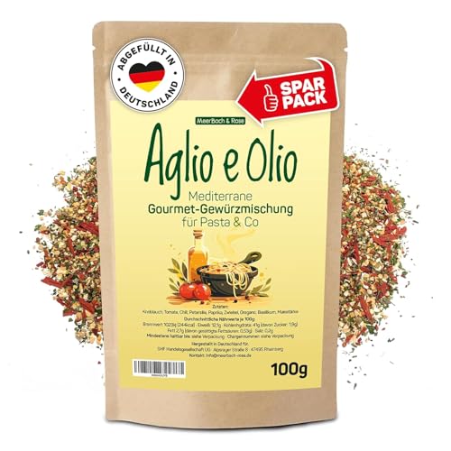 Aglio e Olio 100g, Mediterrane Gourmet Gewürzmischung für Pasta & co, Aglio Olio Peperoncino Gewürz, italienische Gewürzmischung von MeerBach & Rose