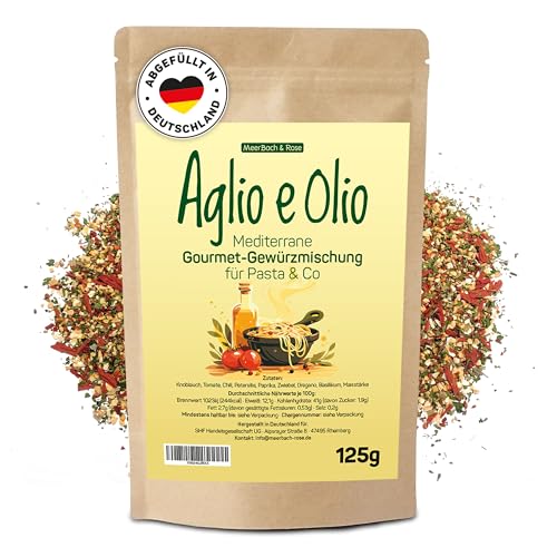 Aglio e Olio 125g, Mediterrane Gourmet Gewürzmischung für Pasta & co, Aglio Olio Peperoncino Gewürz, italienische Gewürzmischung Aglio e Olio 125g, Mediterrane Gourmet Gewürzmischung für Pasta & co, Aglio Olio Peperoncino Gewürz, italienische Gewürzmischung von MeerBach & Rose