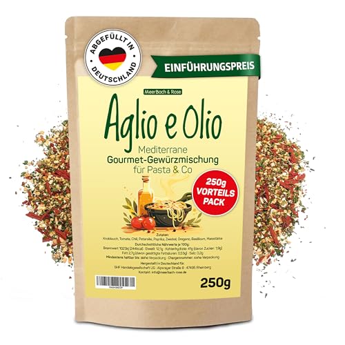 Aglio e Olio 250g, Mediterrane Gourmet Gewürzmischung für Pasta & co, Aglio Olio Peperoncino Gewürz, italienische Gewürzmischung Aglio e Olio 250g, Mediterrane Gourmet Gewürzmischung für Pasta & co, Aglio Olio Peperoncino Gewürz, italienische Gewürzmischung von MeerBach & Rose