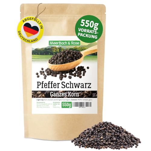 Schwarzer Pfeffer, ganze Körner, 550g Pfefferkörner schwarz, Pfeffer schwarz ganz, perfekt für die Pfeffermühle, vielfältig einsetzbar, in Deutschland von Hand abgefüllt von MeerBach & Rose