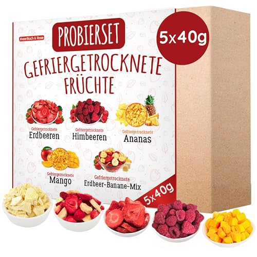 Probierset gefriergetrocknete Früchte 5x40g, fruchtige gefriergetrocknete Erdbeeren, Himbeeren, Ananas, Mango und Erdbeer-Bananen-Mix, frei von Zusatzstoffen, in Deutschland hergestellt von MeerBach & Rose