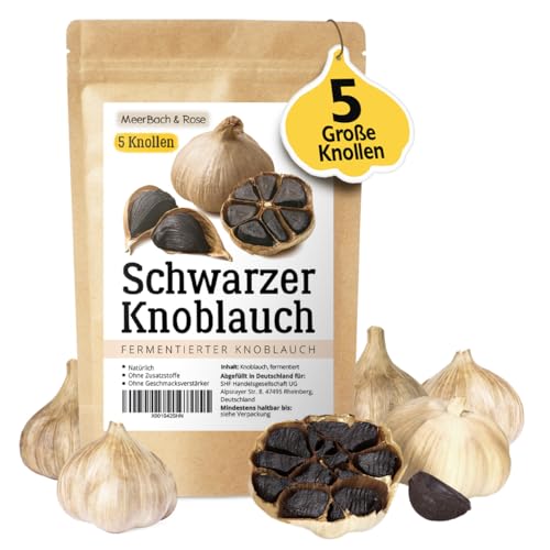 Schwarzer Knoblauch fermentiert aus Spanien, 5 große Knollen fermentierter Knoblauch, Black Garlic, 90 Tage fermentiert, mild und vielseitig zu verwenden und genießen. von MeerBach & Rose