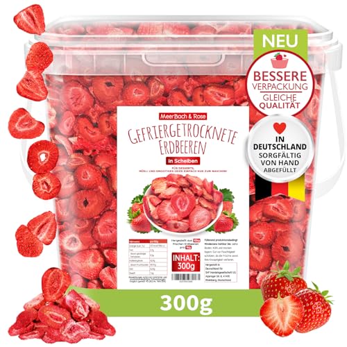 MeerBach & Rose Erdbeeren gefriergetrocknet, 300g gefriergetrocknete Früchte in Scheiben, frei von Zusatzstoffen, fruchtig, in Deutschland hergestellt von MeerBach & Rose