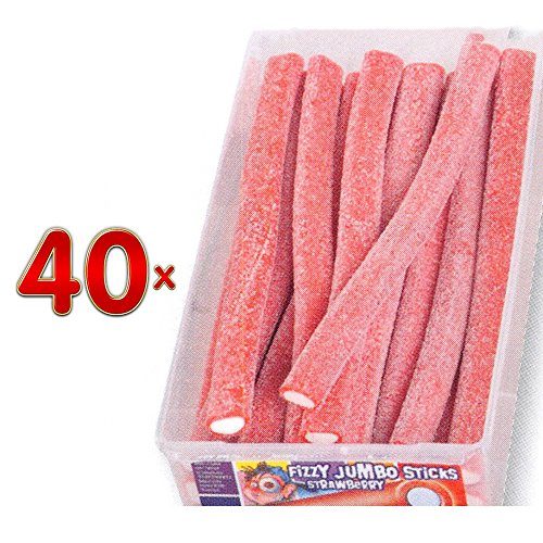 Mega Stars Jumbo Sticks Fizzy Strawberry 40 x 47g Dose (saure Fruchtgummi-Sticks mit Erdbeergeschmack) von Mega Stars