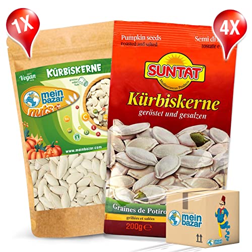 4in1 MEIN BAZAR - SUNTAT - Kürbiskerne Set geröstet - gesalzen - ungeschält - 1x MeinBazar Kürbiskerne 100g + 4x Suntat Kürbiskerne 200g von Meinbazar