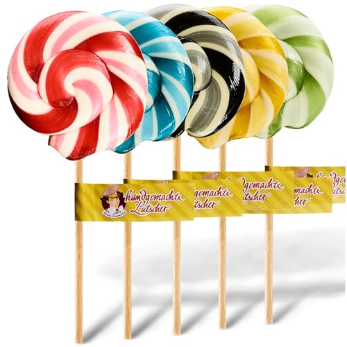 Original Meister Karamellus Lolliset Zitrone/Apfel/Blaubeer/Cola/Erdbeer (5x50g) - 100% Handarbeit aus deutscher Manufaktur/Riesen Lolli, Lollipop mit Natürlichen Zutaten, Süßigkeit für Kinder von Meister Karamellus