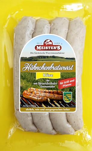 Hähnchen Bratwurst mit Emmentaler Käse 100% Hähnchenfleisch | Käsegriller Geflügelbratwurst | Geflügelgriller Bratwurst ohne Haut (Käse 200g) von MEISTER'S