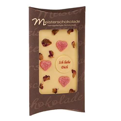 Ich liebe Dich: Weiße Schokolade von Meisterschokoladen handverziert mit Herzen und Rosenblüten 100 g Tafel von Meisterschokoladen