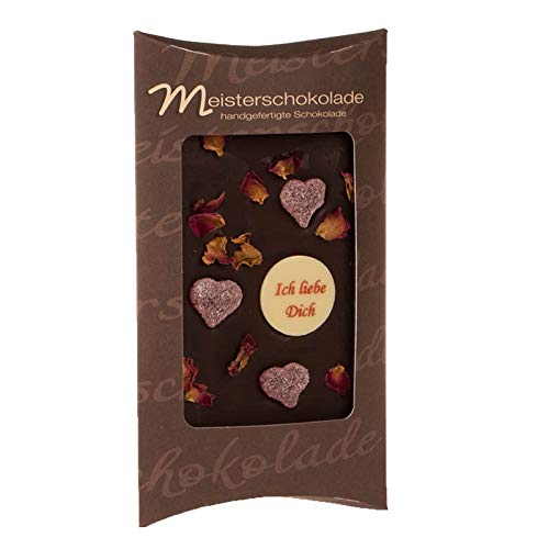 Ich liebe Dich: Zartbitterschokolade von Meisterschokoladen handverziert mit Herzen und Rosenblüten 100 g Tafel von Meisterschokoladen