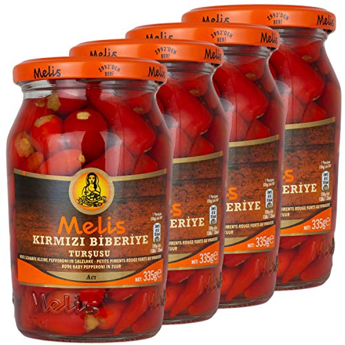 Melis - Kleine scharfe rote Peperoni eingelegt in Salz - Branntweinessiglake (scharf) - Türkische Delikatesse im 4er Set á 335 g Glas von Melis
