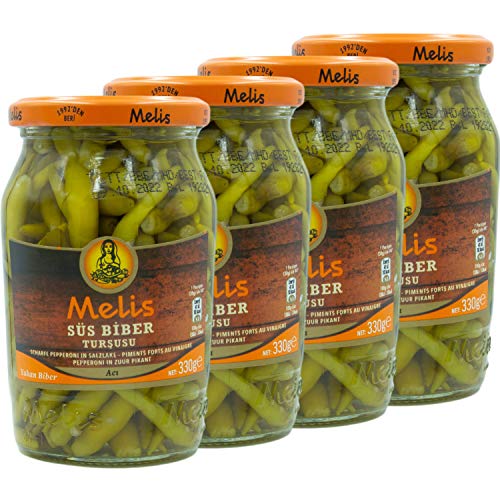 Melis - Scharfe grüne Peperoni eingelegt in Salz - Branntweinessiglake (scharf) - Feine türkische Delikatesse im 4er Set à 330 g Glas von Melis