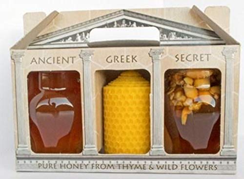Geschenk-Set Thymian- und Wildblumenhonig 2 x130 g Amphoren mit Bienenwachskerze von Melissokomiki Dodekanese