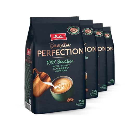 Melitta Barista Perfection 100% Brasilien, Ganze Kaffee-Bohnen 4 x 750g, ungemahlen, Single-Origin-Kaffee, 100% Arabica-Bohnen, langsame Trommelröstung, Crema Forte, Stärke 5 von Melitta