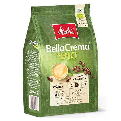 Melitta BellaCrema Bio Ganze Kaffee-Bohnen, ungemahlen, Kaffeebohnen für Kaffee-Vollautomat, milde Röstung, geröstet in Deutschland, Stärke 3, 750g von Melitta