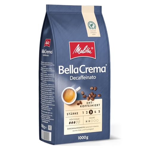 Melitta BellaCrema Decaffeinato Ganze Kaffee-Bohnen entkoffeiniert 1kg, ungemahlen, Kaffeebohnen für Kaffee-Vollautomat, koffeinfrei, milde Röstung, geröstet in Deutschland, Stärke 3 von Melitta