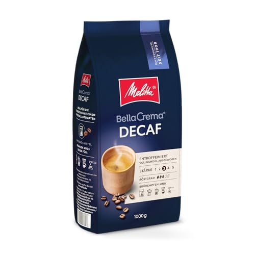 Melitta BellaCrema Decaffeinato Ganze Kaffee-Bohnen entkoffeiniert 1kg, ungemahlen, Kaffeebohnen für Kaffee-Vollautomat, koffeinfrei, milde Röstung, geröstet in Deutschland, Stärke 3 von Melitta