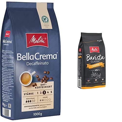 Melitta BellaCrema Decaffeinato Ganze Kaffee-Bohnen entkoffeiniert 1kg & Barista Classic Crema, Ganze Kaffee-Bohnen 1kg, ungemahlen, Kaffeebohnen für Kaffee-Vollautomat, mittlere Röstung, Stärke 3 von Melitta