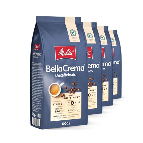 Melitta BellaCrema Decaffeinato Ganze Kaffee-Bohnen entkoffeiniert 4 x 1kg, ungemahlen, Kaffeebohnen für Kaffee-Vollautomat, koffeinfrei, milde Röstung, geröstet in Deutschland, Stärke 3 von Melitta