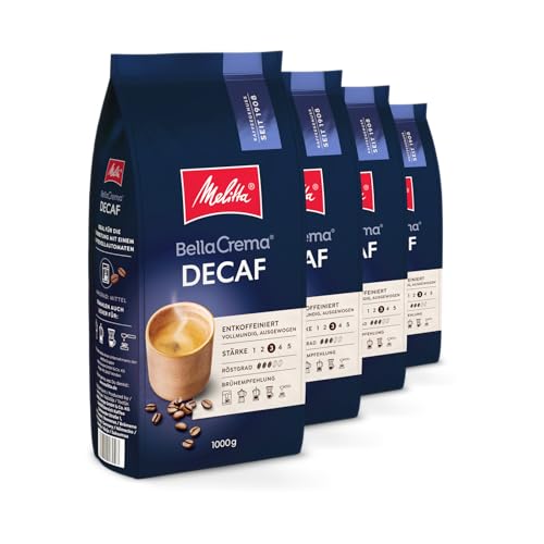 Melitta BellaCrema Decaf Ganze Kaffee-Bohnen entkoffeiniert 4 x 1kg, ungemahlen, Kaffeebohnen für Kaffee-Vollautomat, koffeinfrei, milde Röstung, geröstet in Deutschland, Stärke 3 von Melitta