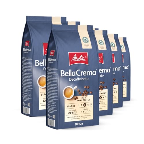 Melitta BellaCrema Decaffeinato Ganze Kaffee-Bohnen entkoffeiniert 8 x 1kg, ungemahlen, Kaffeebohnen für Kaffee-Vollautomat, koffeinfrei, milde Röstung, geröstet in Deutschland, Stärke 3 von Melitta