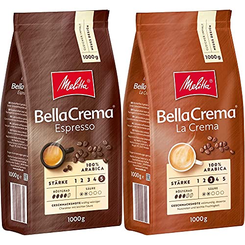 Melitta BellaCrema Espresso, Ganze Kaffeebohnen, Stärke 5, 1kg & BellaCrema LaCrema, Ganze Kaffeebohnen, Stärke 3, 1kg von Melitta