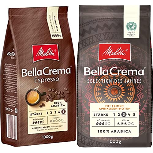 Melitta BellaCrema Espresso, Ganze Kaffeebohnen, Stärke 5, 1kg & BellaCrema Selection des Jahres, Ganze Kaffeebohnen, Stärke 3, 1kg von Melitta