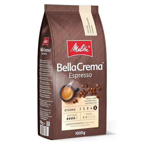 Melitta BellaCrema Espresso Ganze Kaffee-Bohnen 1kg, ungemahlen, Kaffeebohnen für Kaffee-Vollautomat, kräftige Röstung, geröstet in Deutschland, Stärke 5 von Melitta