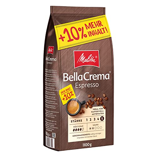 Melitta BellaCrema Espresso Ganze Kaffee-Bohnen 1,1kg, ungemahlen, Kaffeebohnen für Kaffee-Vollautomat, kräftige Röstung, geröstet in Deutschland, Stärke 5 von Melitta