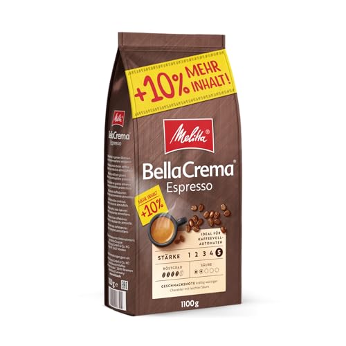 Melitta BellaCrema Espresso Ganze Kaffee-Bohnen 1,1kg, ungemahlen, Kaffeebohnen für Kaffee-Vollautomat, kräftige Röstung, geröstet in Deutschland, Stärke 5 von Melitta