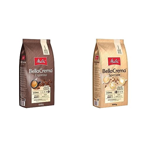 Melitta BellaCrema Espresso Ganze Kaffee-Bohnen 1kg & BellaCrema Speciale Ganze Kaffee-Bohnen 1kg, ungemahlen, Kaffeebohnen für Kaffee-Vollautomat, mittlere Röstung, geröstet in Deutschland, Stärke 2 von Melitta