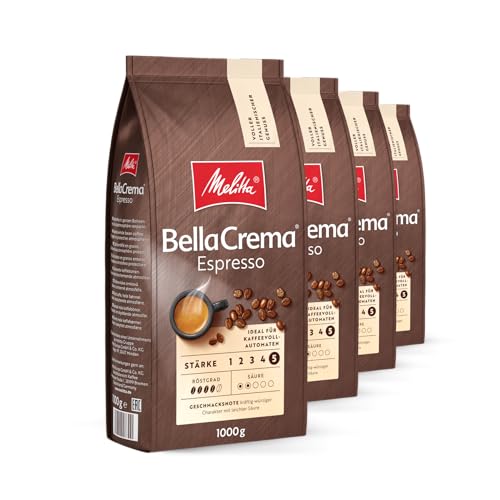 Melitta BellaCrema Espresso Ganze Kaffee-Bohnen 4 x 1kg, ungemahlen, Kaffeebohnen für Kaffee-Vollautomat, kräftige Röstung, geröstet in Deutschland, Stärke 5, im Tray von Melitta