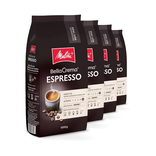 Melitta BellaCrema Espresso Ganze Kaffee-Bohnen 4 x 1kg, ungemahlen, Kaffeebohnen für Kaffee-Vollautomat, kräftige Röstung, geröstet in Deutschland, Stärke 5, im Tray von Melitta