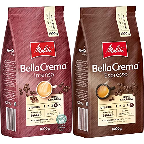 Melitta BellaCrema Intenso, Ganze Kaffeebohnen, Stärke 4, 1kg & BellaCrema Espresso, Ganze Kaffeebohnen, Stärke 5, 1kg von Melitta